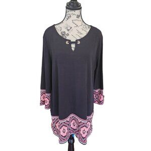 JM Collection Boho Tunic Women's Size L Black Top Sleeve 3/4 Blouse
